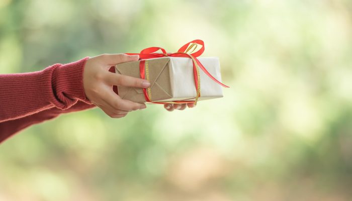 woman holds small gift box beautiful hands girl is outdoors against backdrop green leaves bokeh out focus background from nature forest scaled.jpg